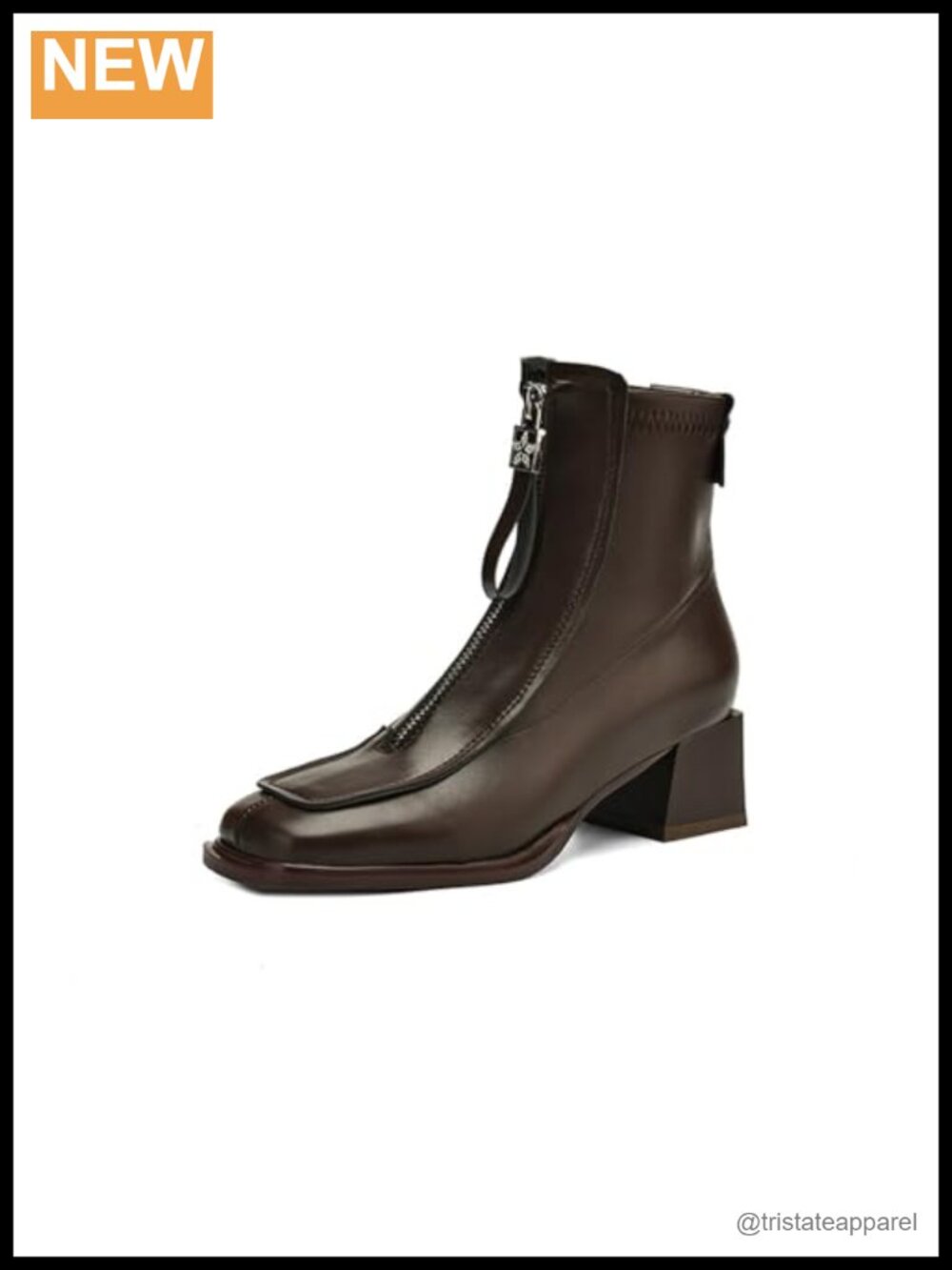 Women's Genuine Leather Square Toe Low Block Heel Ankle Booties Front Zipper